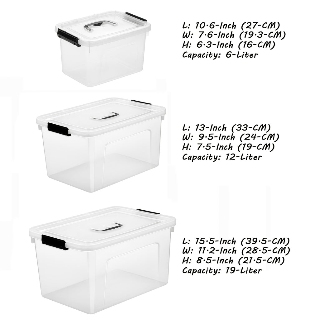 6-Liter Clear Storage Bins with Lids/Handle, 6-Pack Plastic Stackable Container with Latch