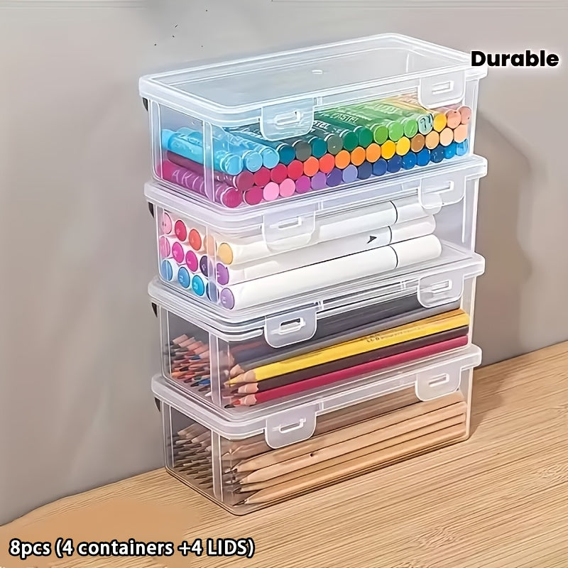 8-Pack (4 Containers + 4 Lids) - Large Clear Storage Boxes with Lids - Heavy-Duty Organizer Bins, Suitable for Office and Gift Wrapping, Stackable Containers, Lightweight and Portable, with Snap-On Lid Design, for Home and Workspace Organization